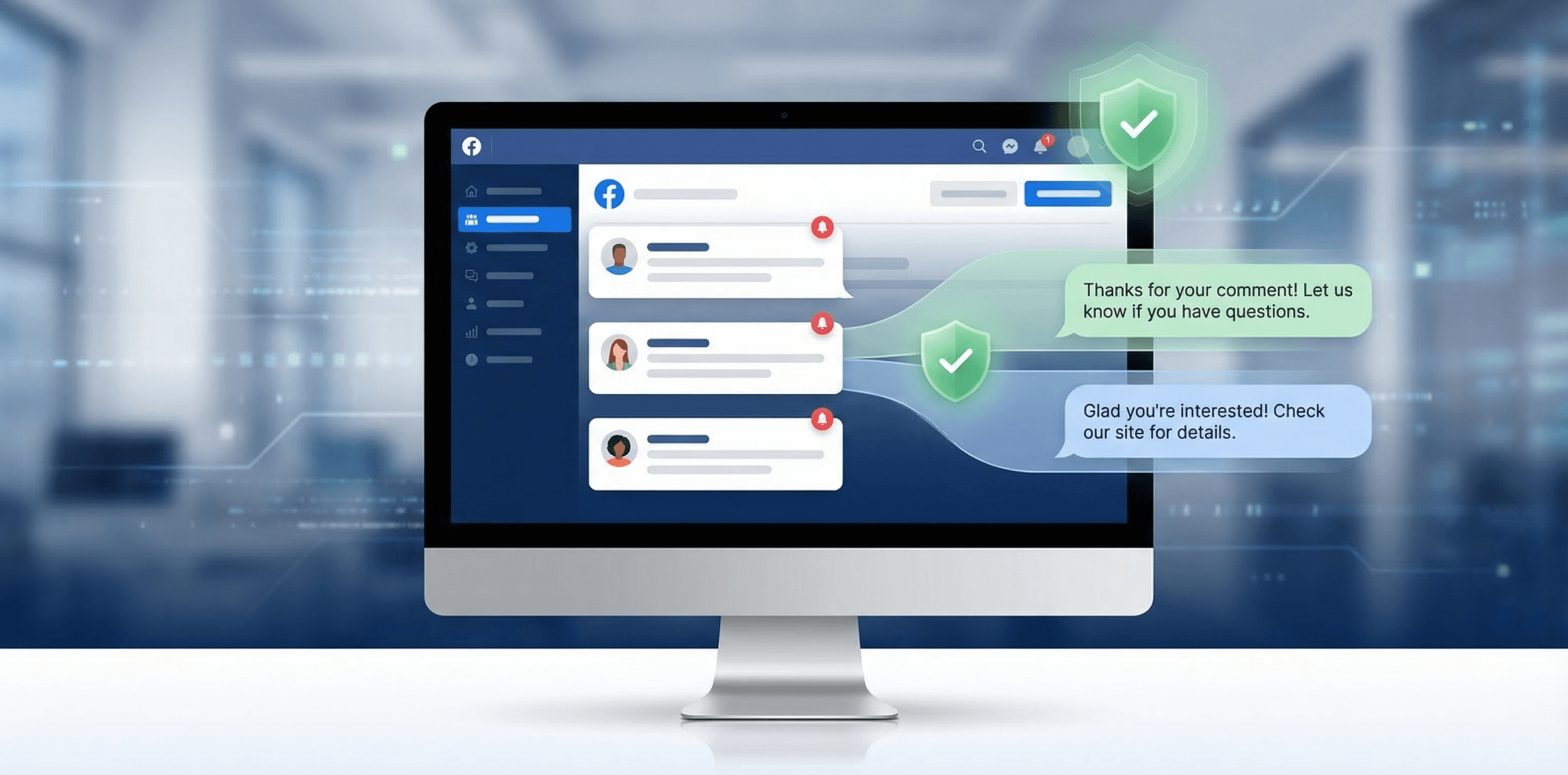 Facebook ads dashboard with AI-generated comment replies and safety compliance shields