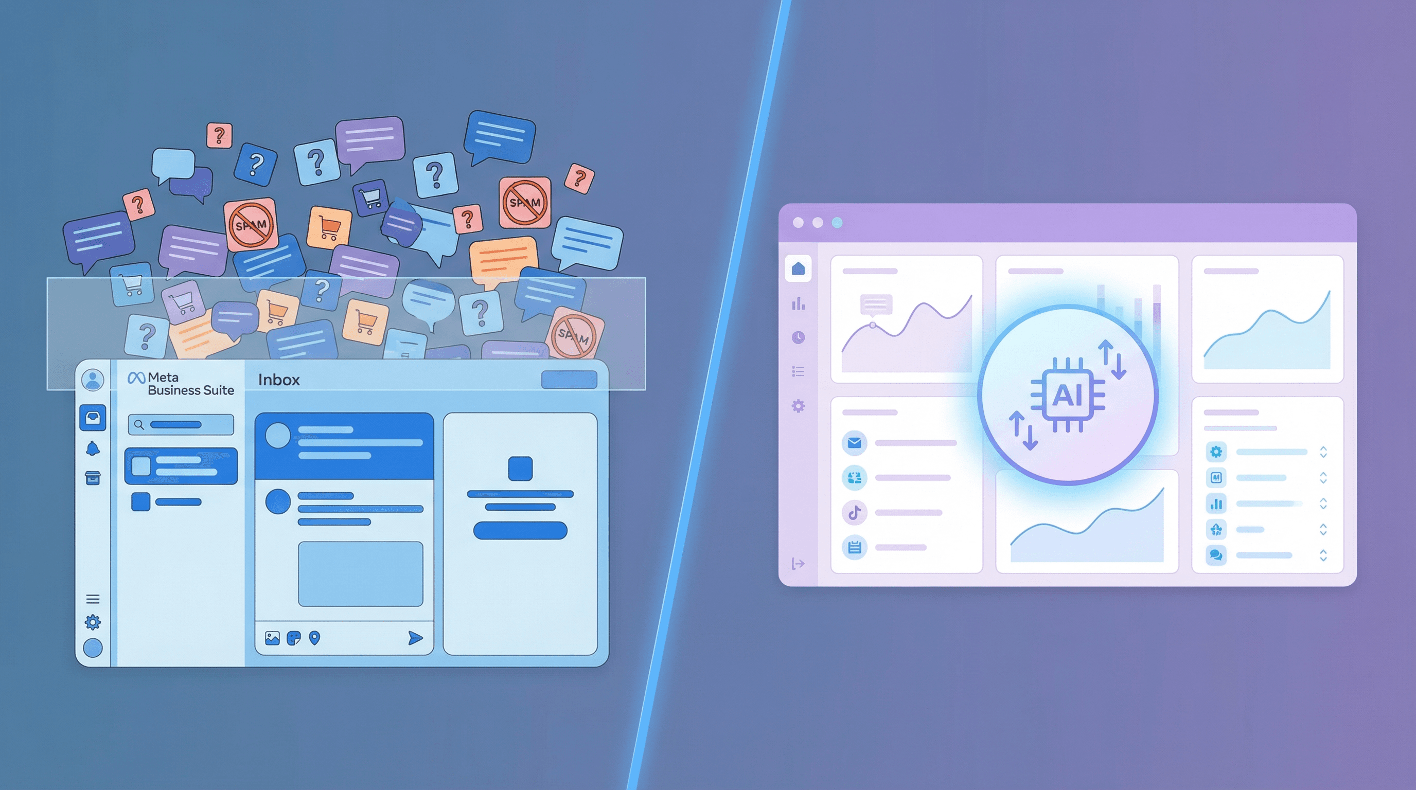 Illustration comparing a Meta Business Suite inbox overflowing with unmanaged comments against an AI-powered comment management dashboard